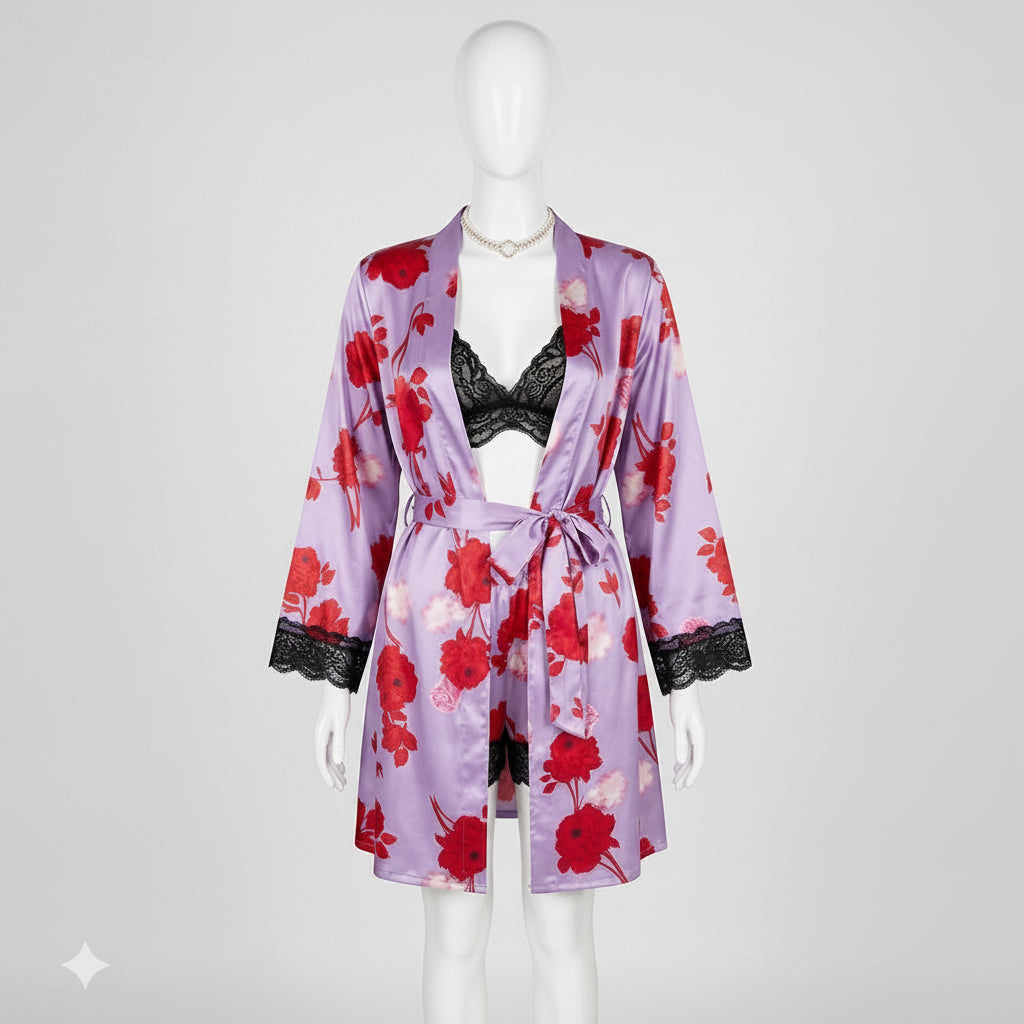 Ensemble Kimono Satin Fleuri