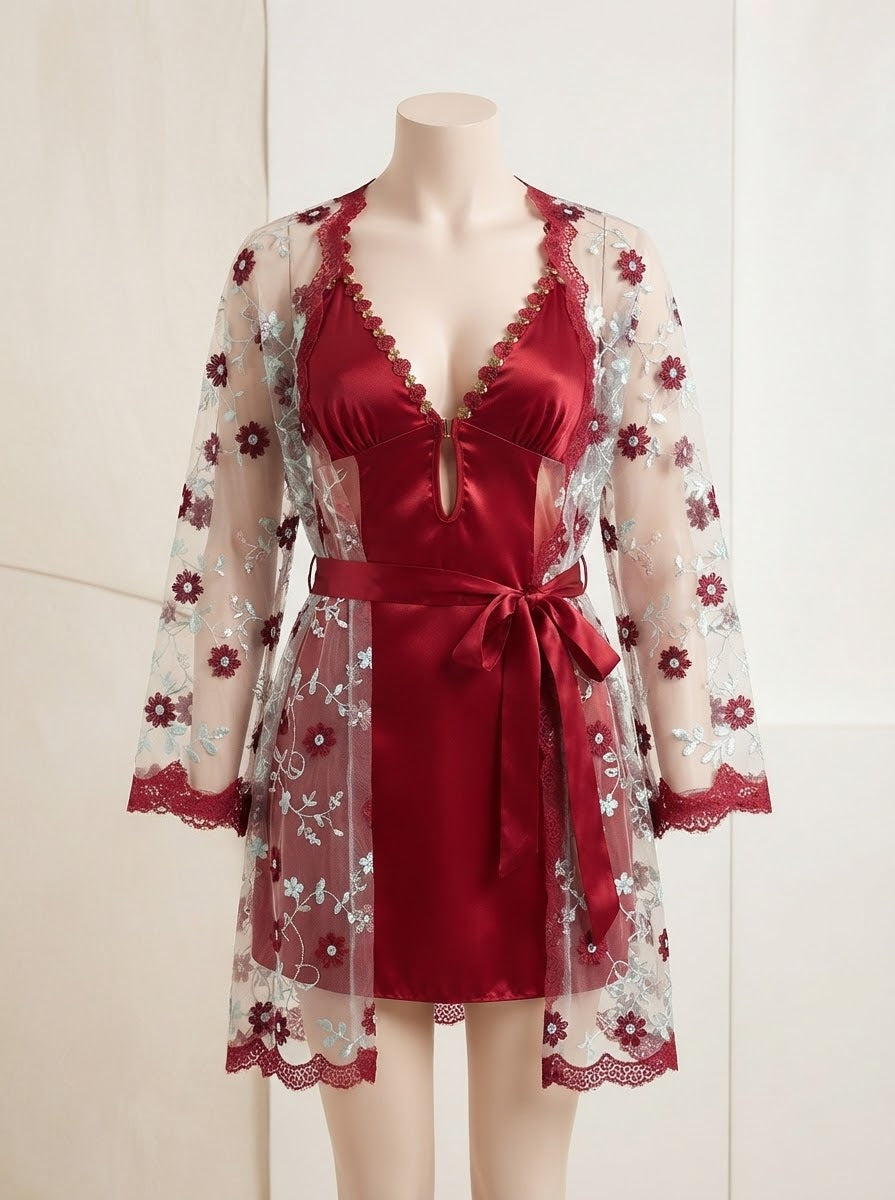 Ensemble Nuisette Satin & Kimono Dentelle Fleurie – 2 Pièces