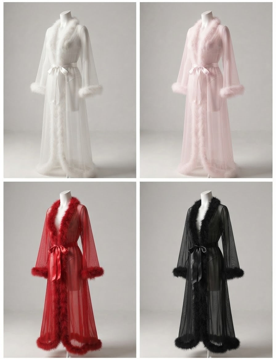 Peignoir Long Transparent Bordé Plumes – Ceinture Nouée